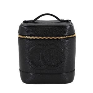 CHANEL Black Caviar Leather Logo Vanity Bag